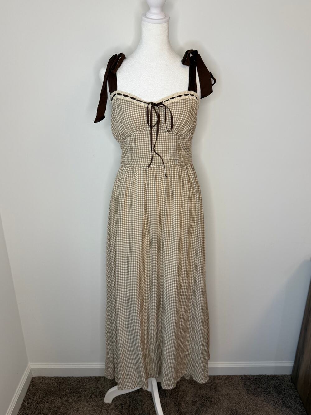 By The River Gingham Tie Strap Midi Dress Beige Brown Size Small